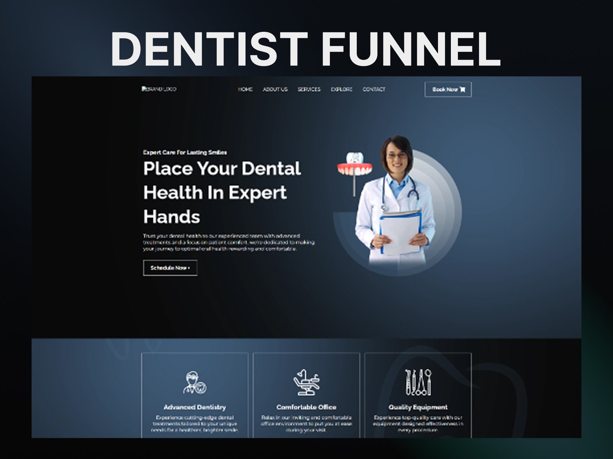 Dentist Funnel — a specialized GoHighLevel dental lead-generation funnel by GitzTech for clinics and dentists, spanning services and treatments, patient testimonials, expert team profiles, and an appointment booking flow.