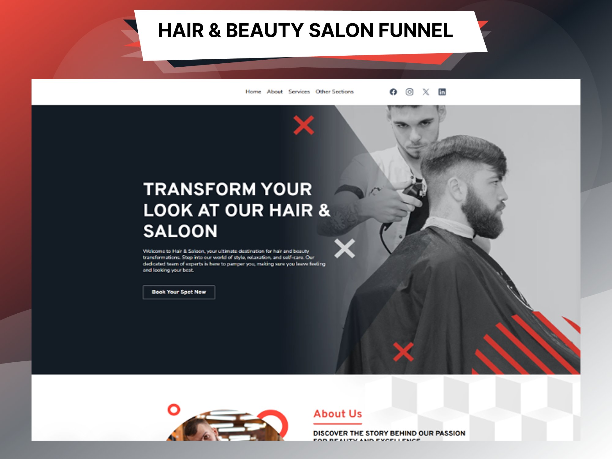 Hair & Beauty Salon Funnel — a visual GoHighLevel appointment-generation funnel by GitzTech for salons and stylists, spanning services, portfolio transformations, testimonials, pricing plans, FAQs, and a booking flow.